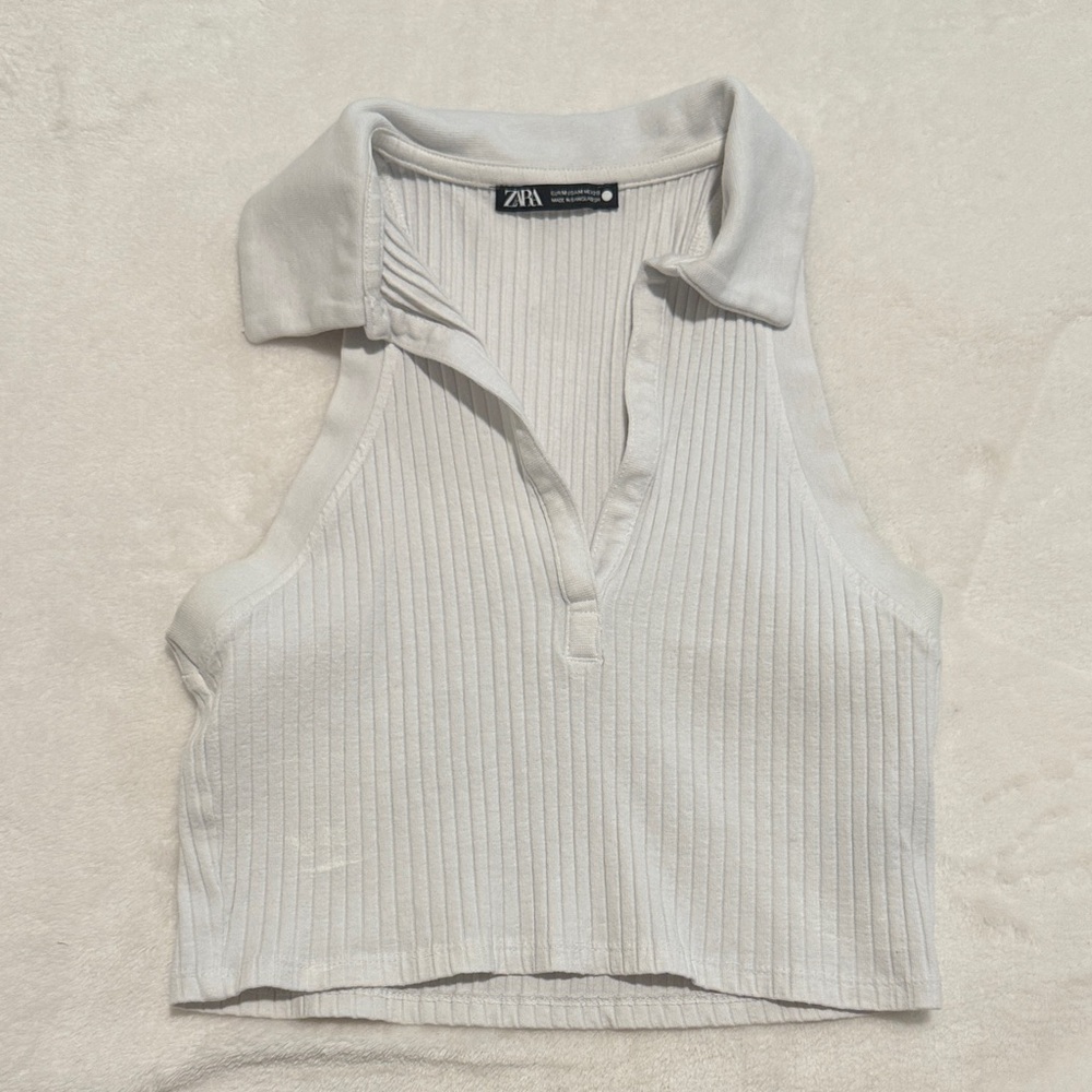 Zara White Ribbed Collared Tank Top